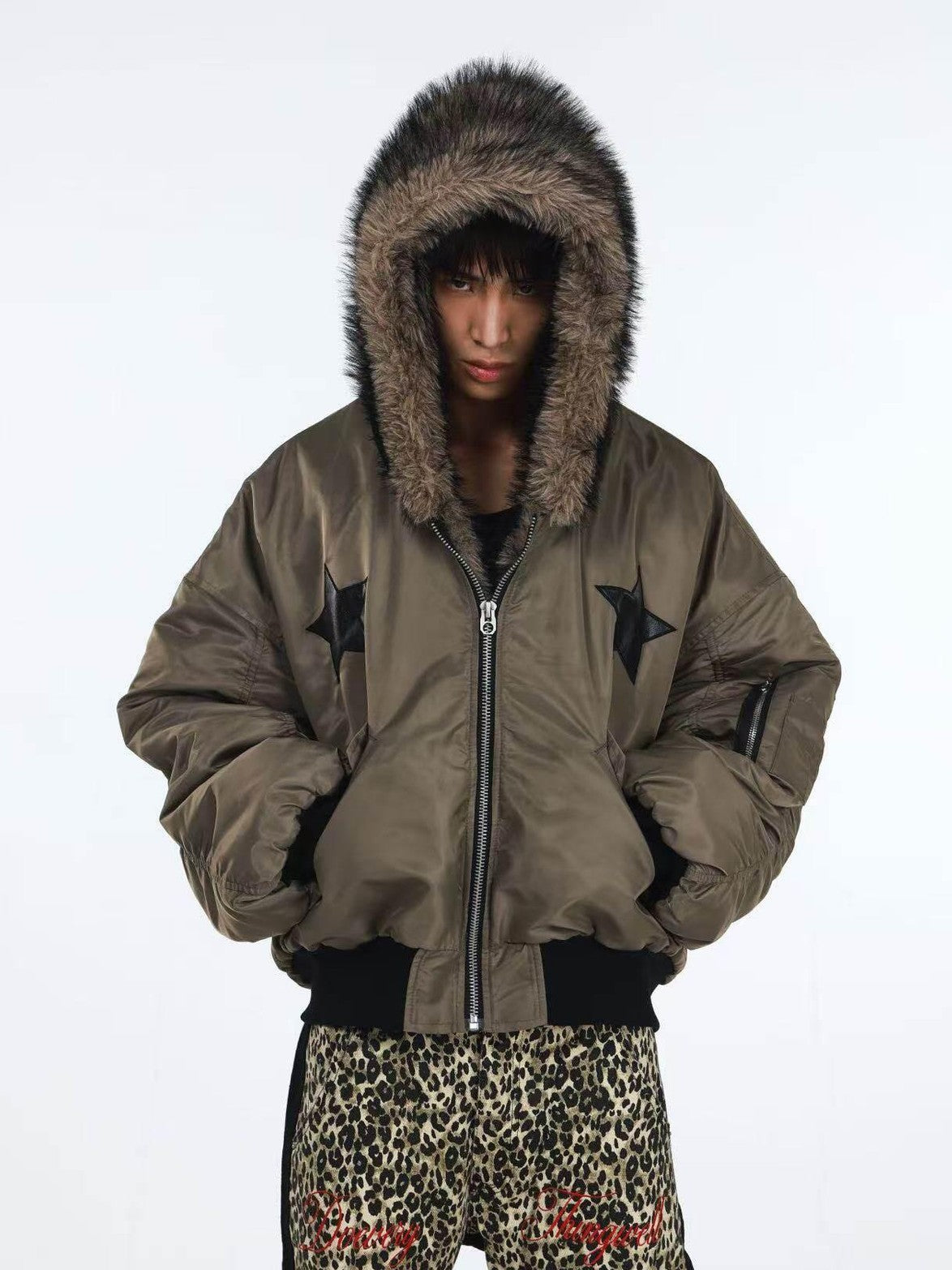 DETW onLine Embroidered Star Layered Hooded Fur Collar Women&