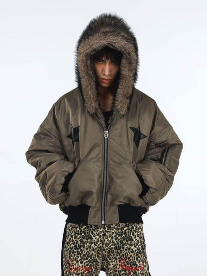 DETW onLine Embroidered Star Layered Hooded Fur Collar Women&
