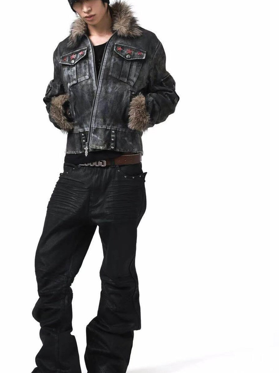 DETW onLine Frosted Camo Distressed Studded Fur Collar Women&
