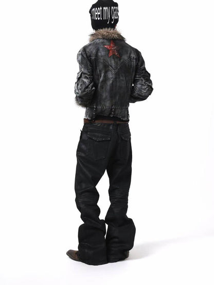 DETW onLine Frosted Camo Distressed Studded Fur Collar Women&