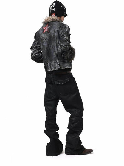 DETW onLine Frosted Camo Distressed Studded Fur Collar Women&