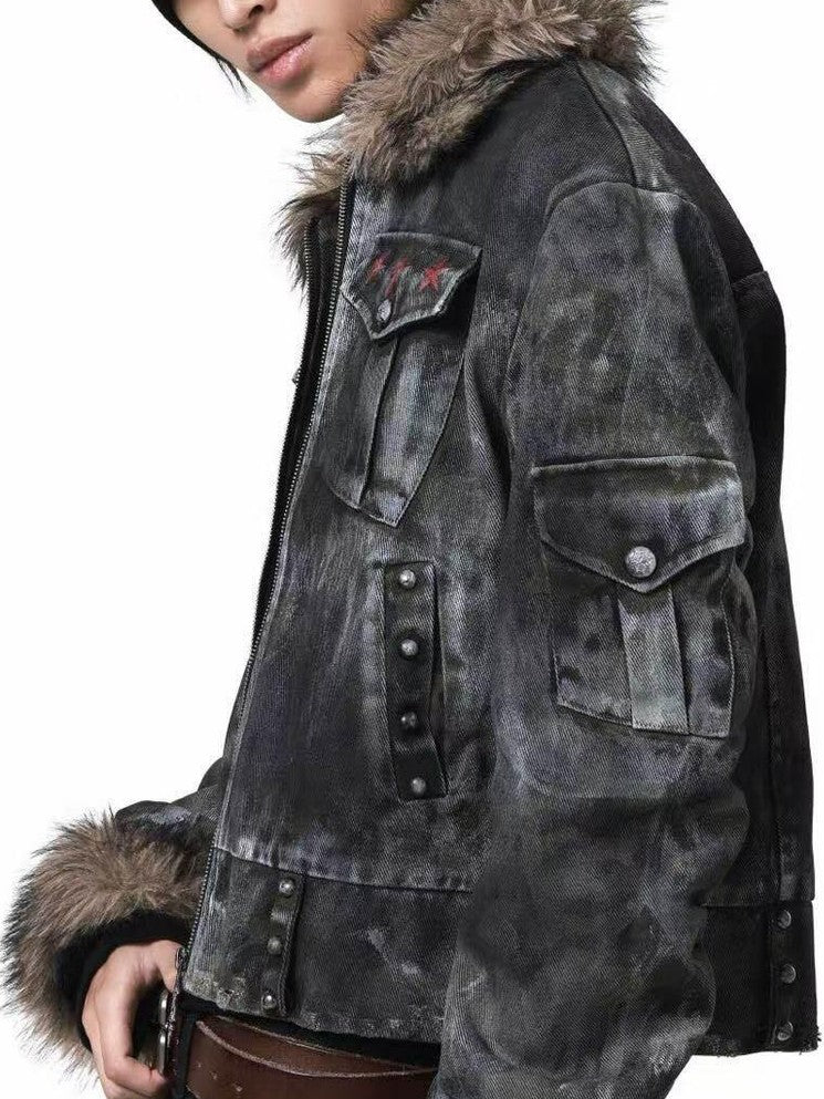 DETW onLine Frosted Camo Distressed Studded Fur Collar Women&
