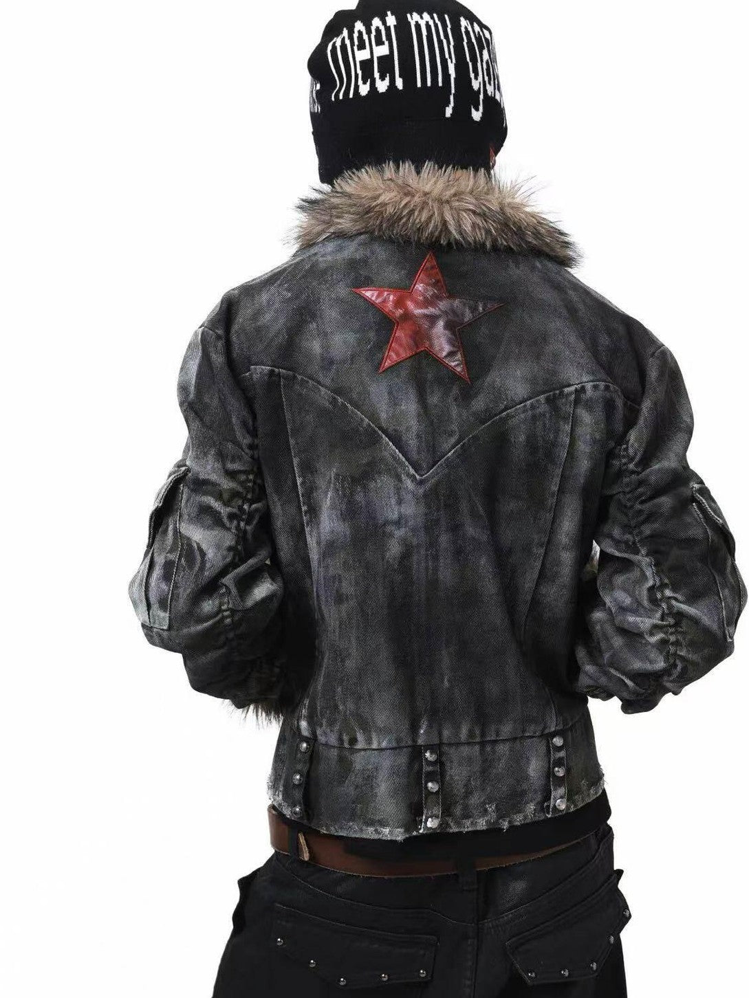 DETW onLine Frosted Camo Distressed Studded Fur Collar Women&