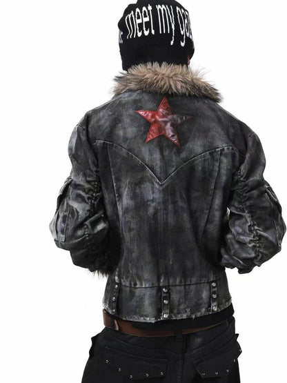 DETW onLine Frosted Camo Distressed Studded Fur Collar Women&