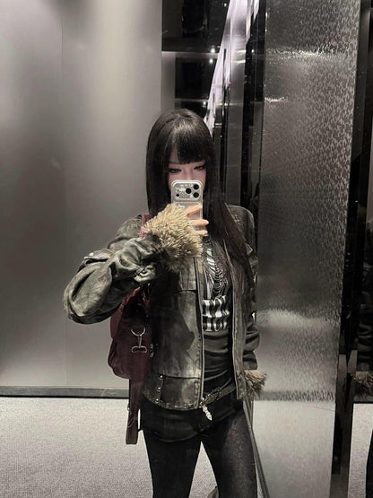 DETW onLine Frosted Camo Distressed Studded Fur Collar Women&