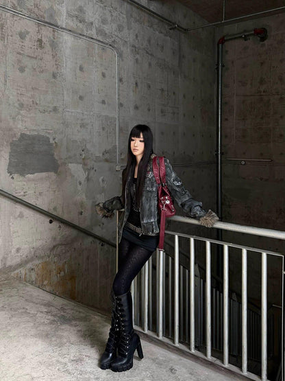 DETW onLine Frosted Camo Distressed Studded Fur Collar Women&
