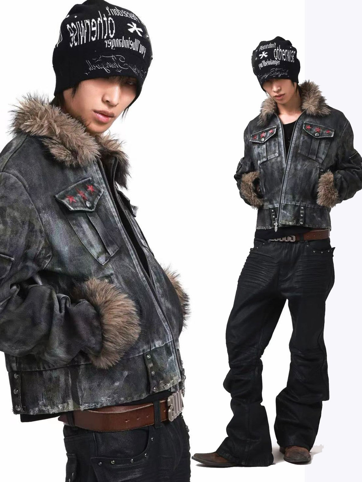 DETW onLine Frosted Camo Distressed Studded Fur Collar Women&