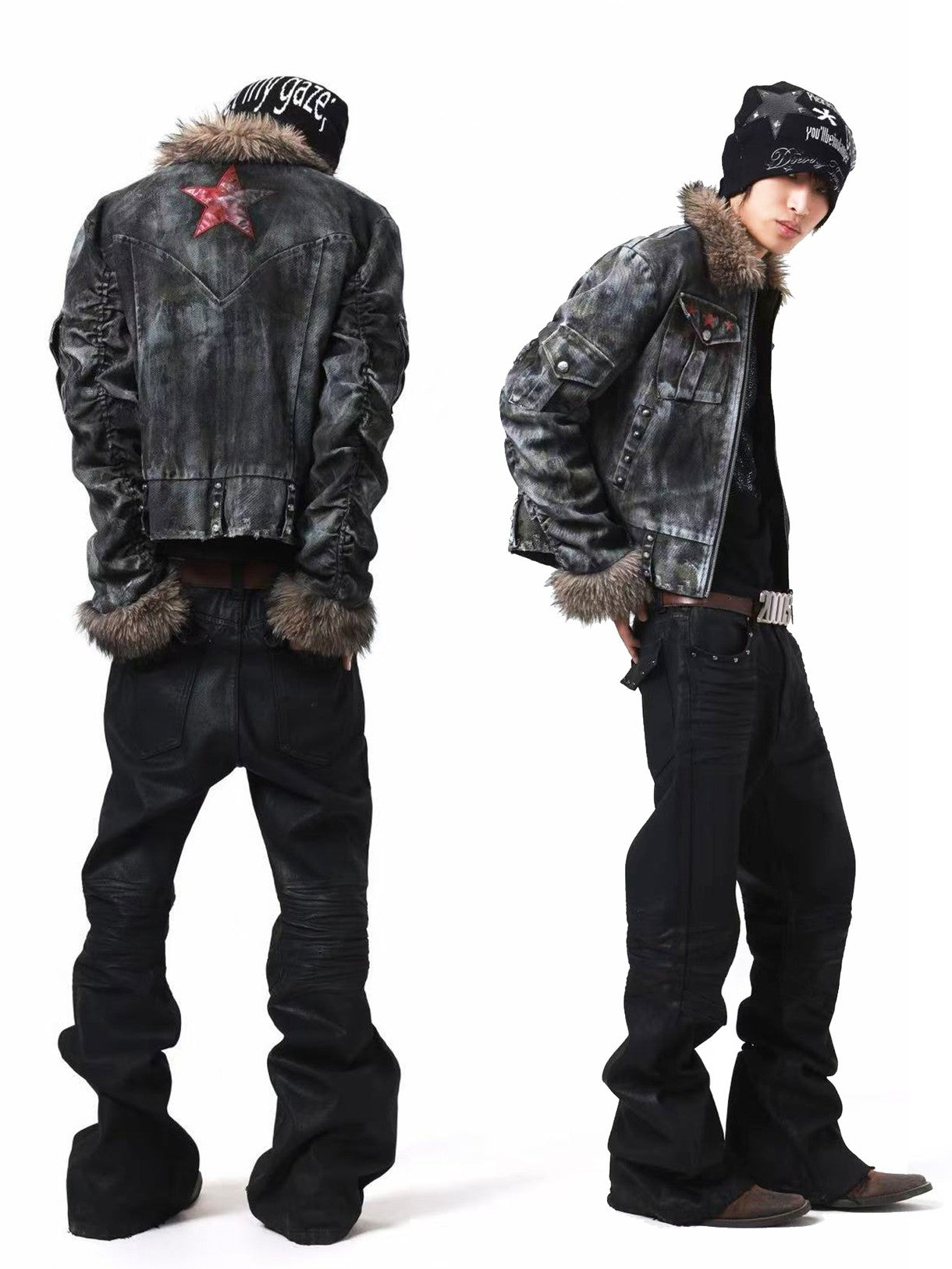 DETW onLine Frosted Camo Distressed Studded Fur Collar Women&