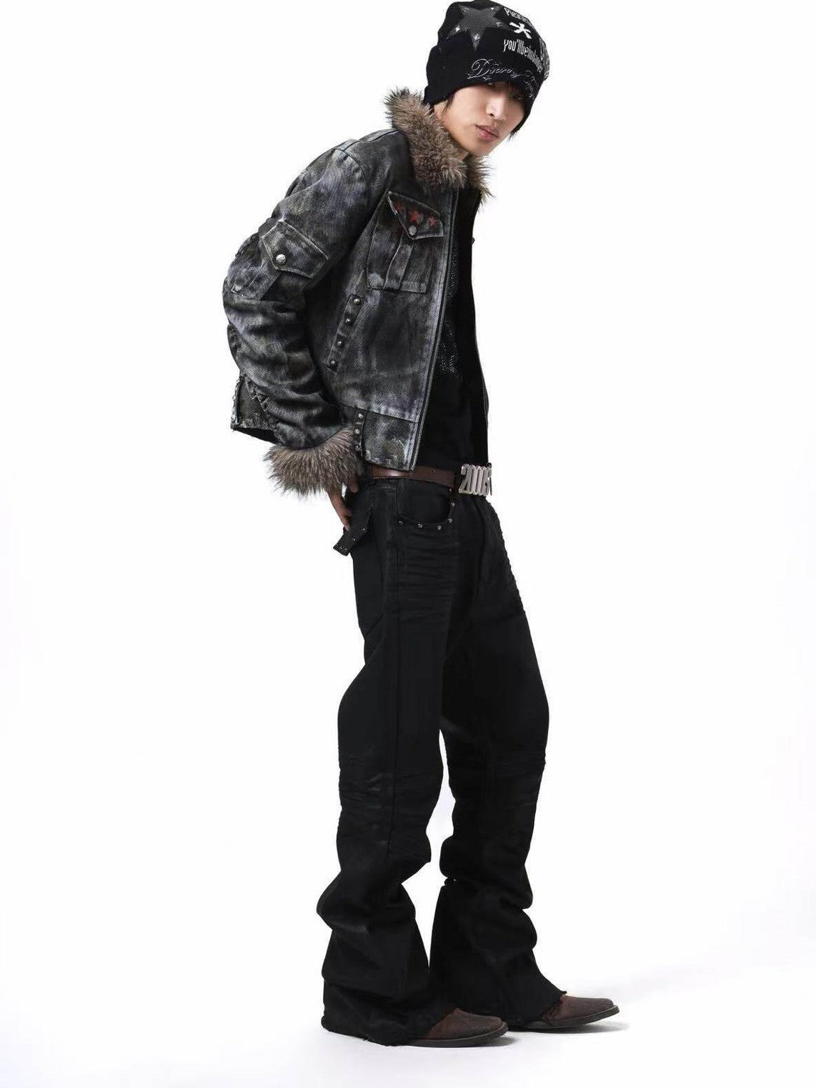 DETW onLine Frosted Camo Distressed Studded Fur Collar Women&