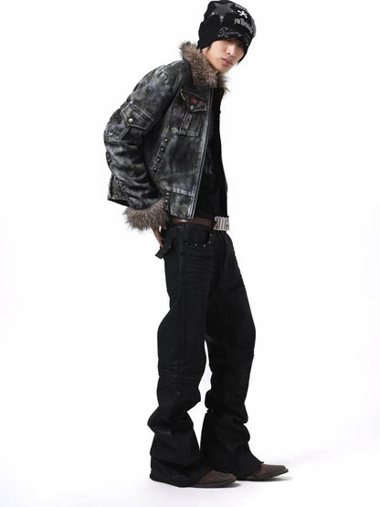 DETW onLine Frosted Camo Distressed Studded Fur Collar Women&