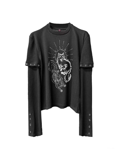 DETW onLine Gemini Cat Print Metal Stud Fake Layer Women&