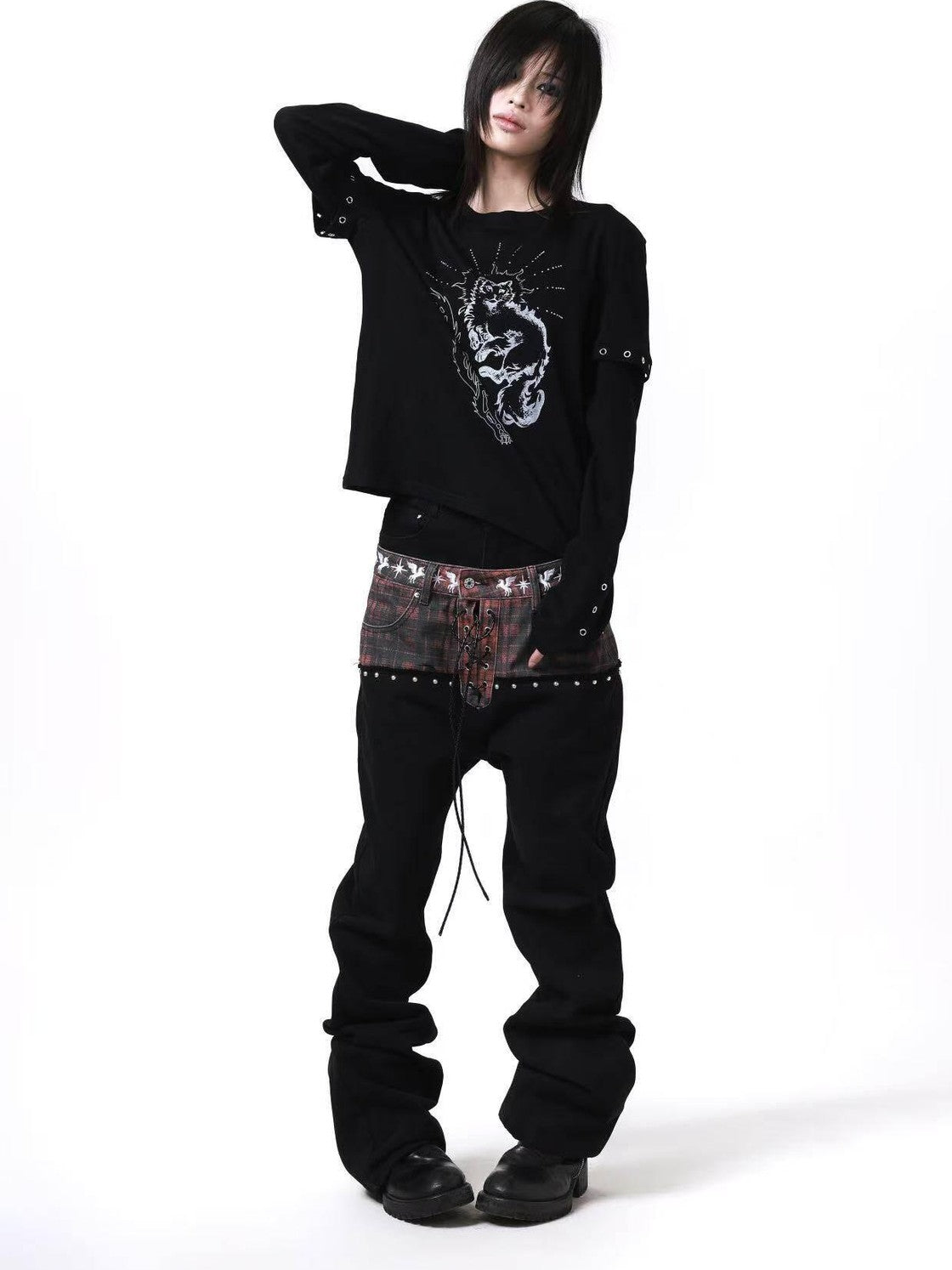 DETW onLine Gemini Cat Print Metal Stud Fake Layer Women&