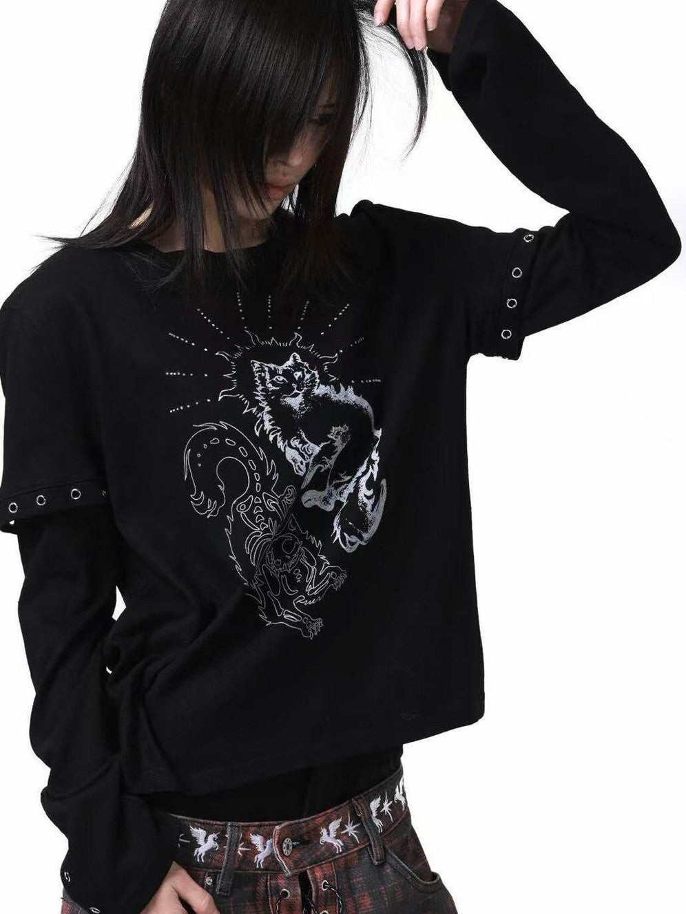 DETW onLine Gemini Cat Print Metal Stud Fake Layer Women&