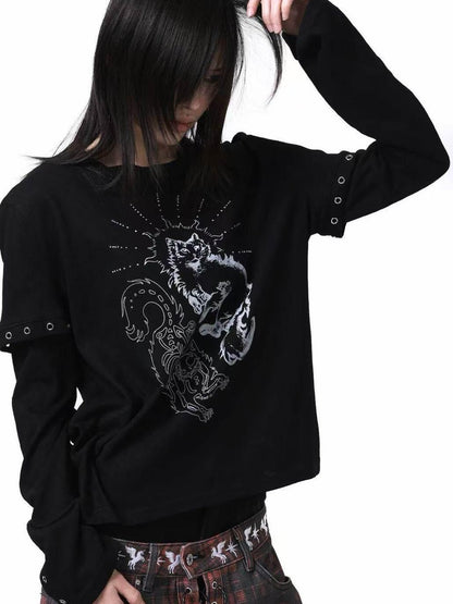 DETW onLine Gemini Cat Print Metal Stud Fake Layer Women&