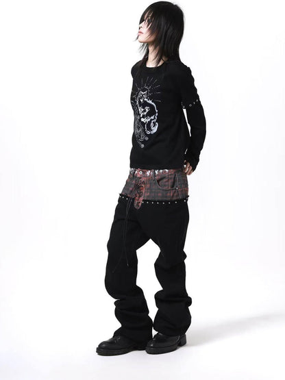 DETW onLine Gemini Cat Print Metal Stud Fake Layer Women&