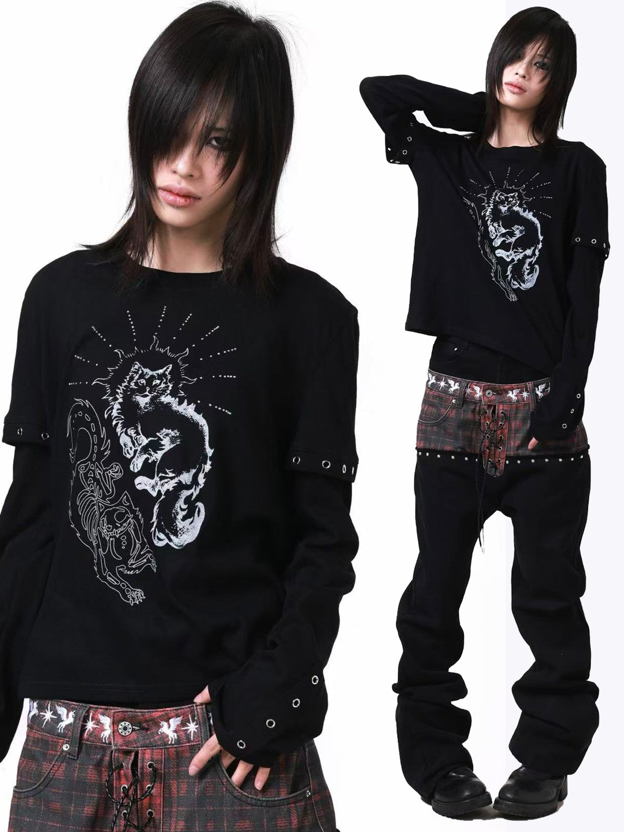 DETW onLine Gemini Cat Print Metal Stud Fake Layer Women&