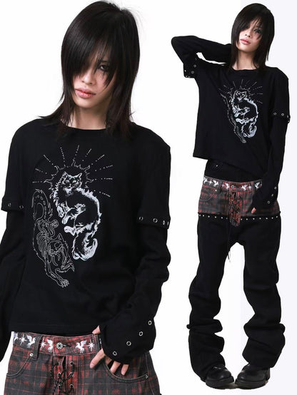 DETW onLine Gemini Cat Print Metal Stud Fake Layer Women&