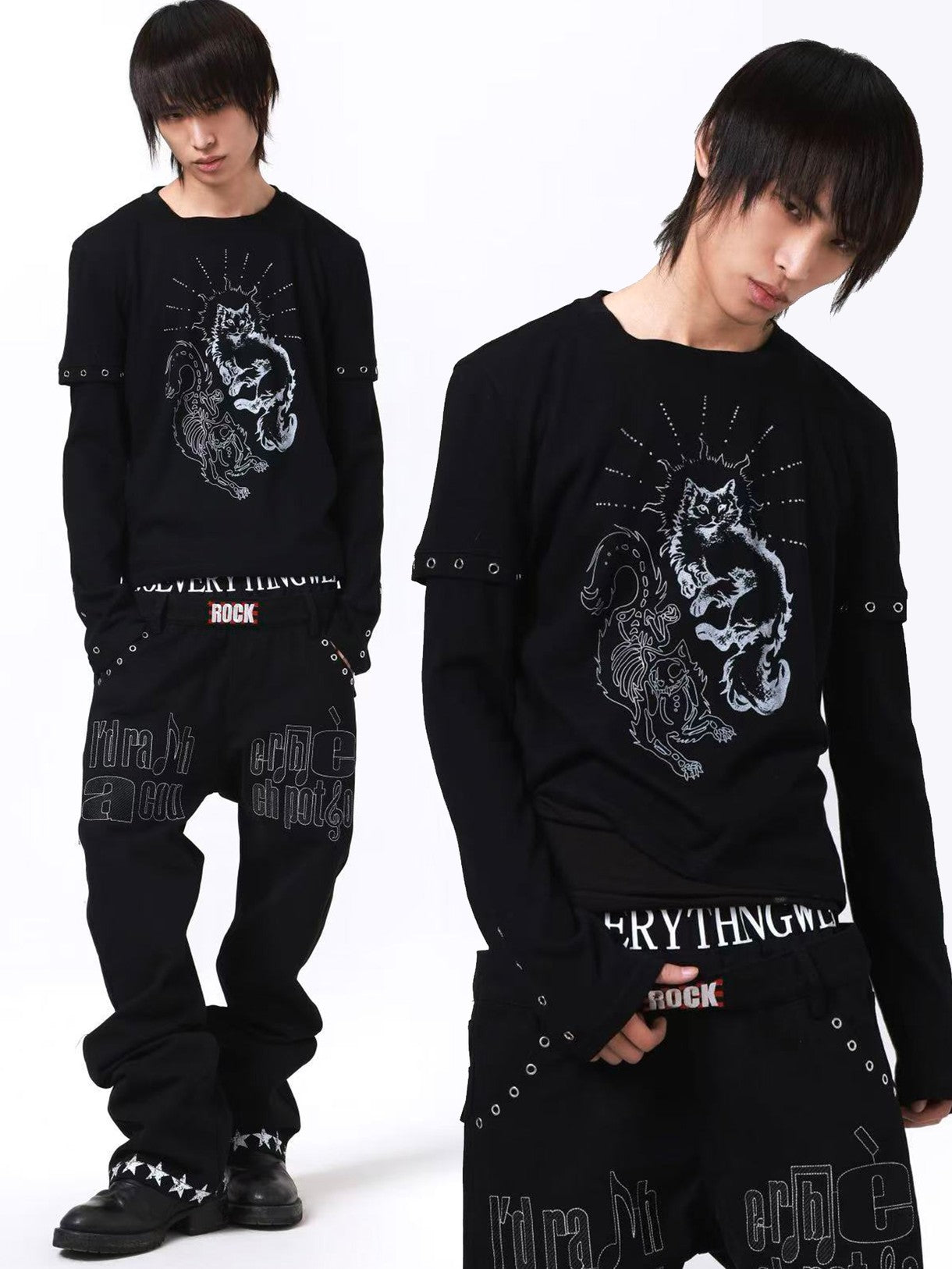 DETW onLine Gemini Cat Print Metal Stud Fake Layer Women&