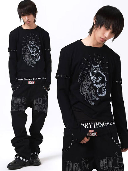DETW onLine Gemini Cat Print Metal Stud Fake Layer Women&