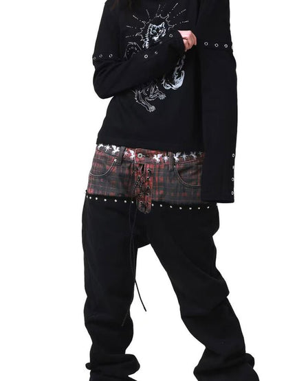 DETW onLine Gemini Cat Print Metal Stud Fake Layer Women&