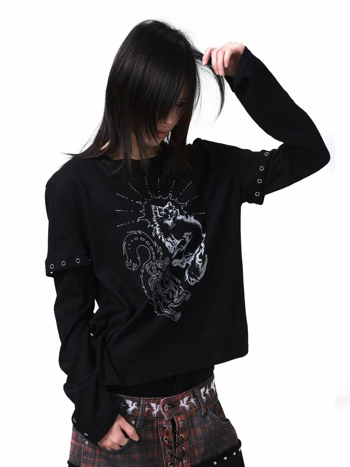 DETW onLine Gemini Cat Print Metal Stud Fake Layer Women&