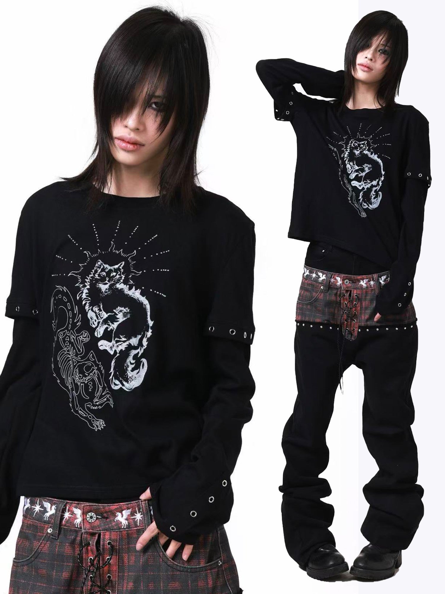 DETW onLine Gemini Cat Print Metal Stud Fake Layer Women&