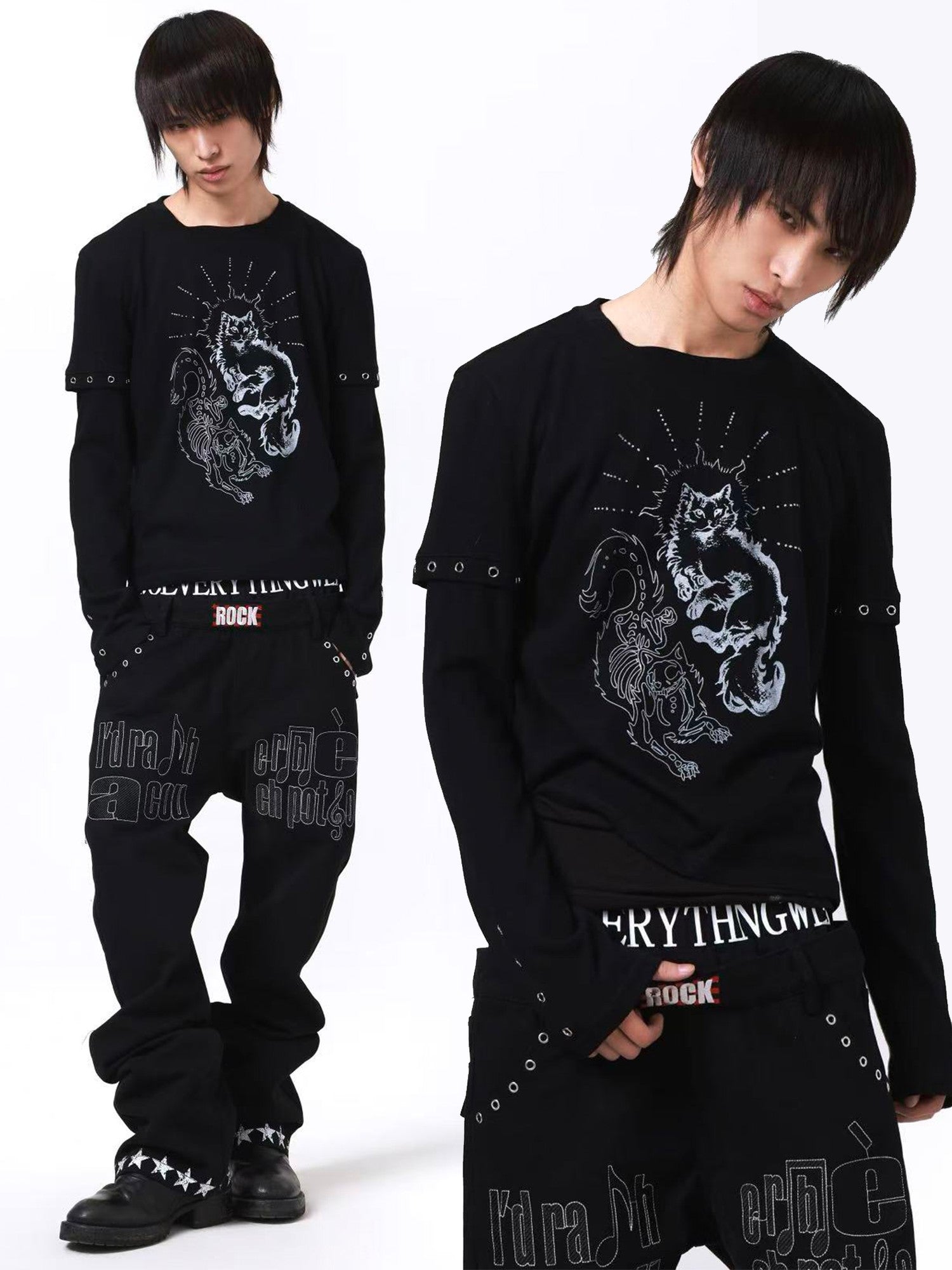 DETW onLine Gemini Cat Print Metal Stud Fake Layer Women&