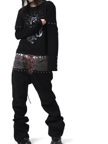 DETW onLine Gemini Cat Print Metal Stud Fake Layer Women&