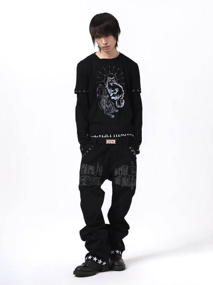 DETW onLine Gemini Cat Print Metal Stud Fake Layer Women&