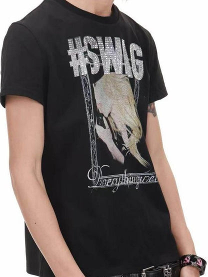 DETW onLine Girl Portrait Print Placement Rhinestone Women&