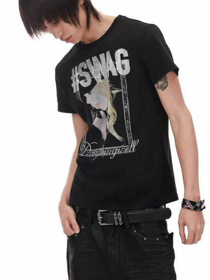 DETW onLine Girl Portrait Print Placement Rhinestone Women&