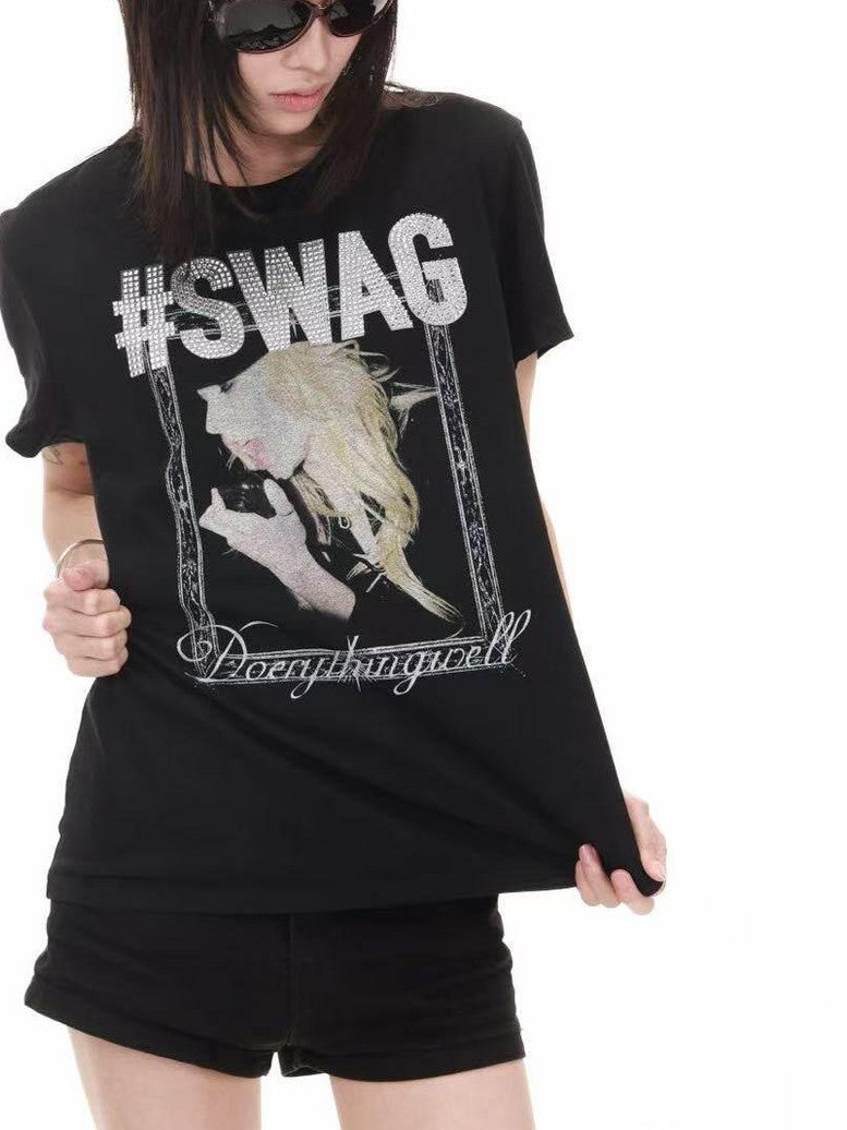 DETW onLine Girl Portrait Print Placement Rhinestone Women&