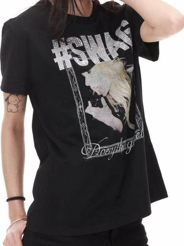 DETW onLine Girl Portrait Print Placement Rhinestone Women&