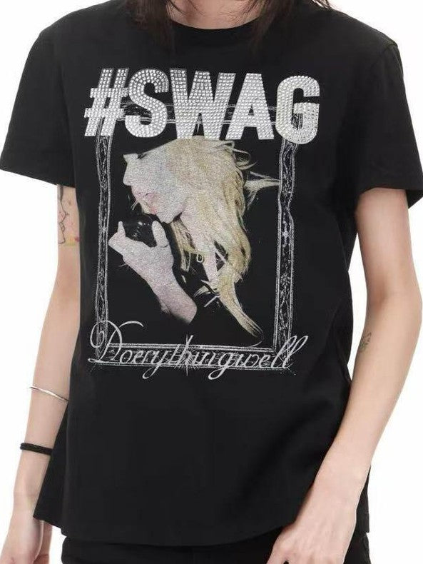 DETW onLine Girl Portrait Print Placement Rhinestone Women&