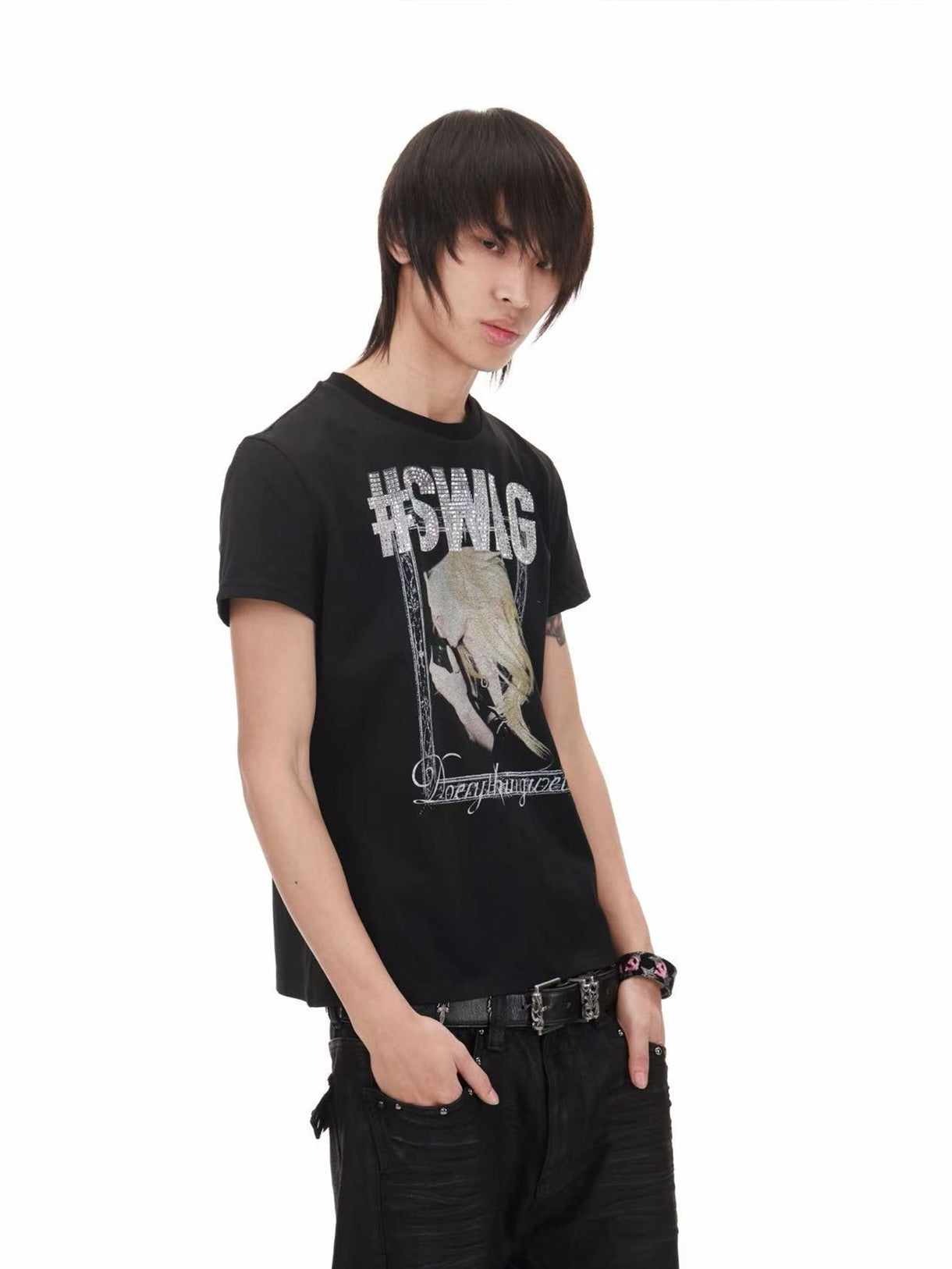 DETW onLine Girl Portrait Print Placement Rhinestone Women&