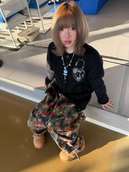 DETW onLine Heart Lock Cartoon Print Chunky Knit Women&
