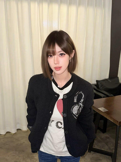 DETW onLine Heart Lock Cartoon Print Chunky Knit Women&