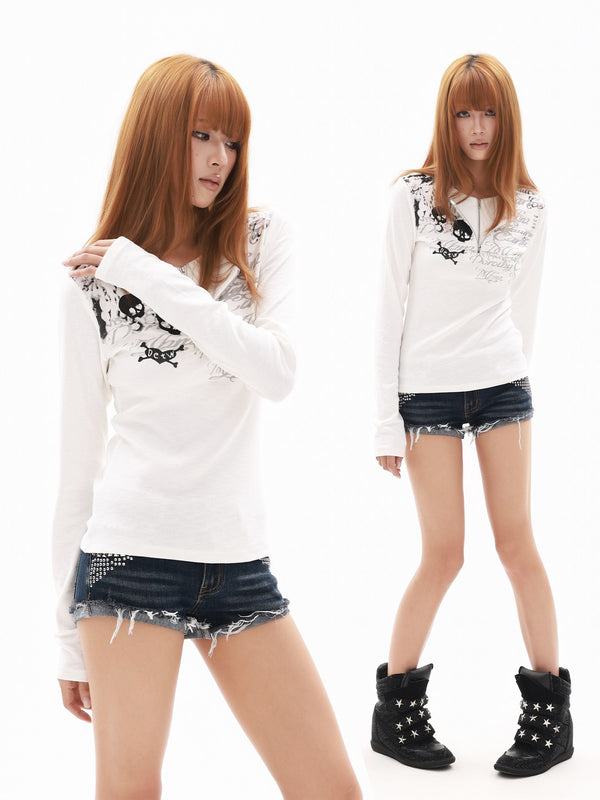 Heart Skull Print Metal Zip Collar Women's Jersey Long Sleeve T-shirts
