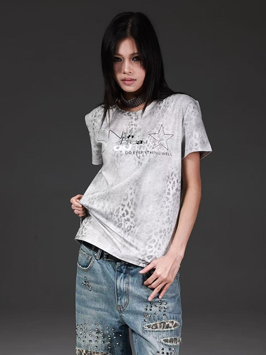 DETW onLine Leopard Print Silver Foil Slogan Women&