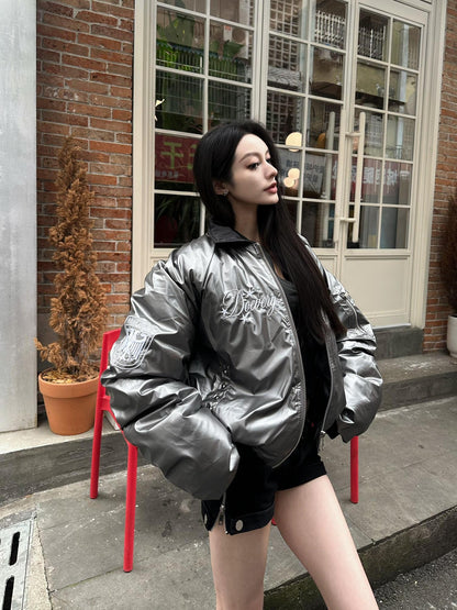 DETW onLine Metallic Pleated Rivet Embroidered Bomber Women&