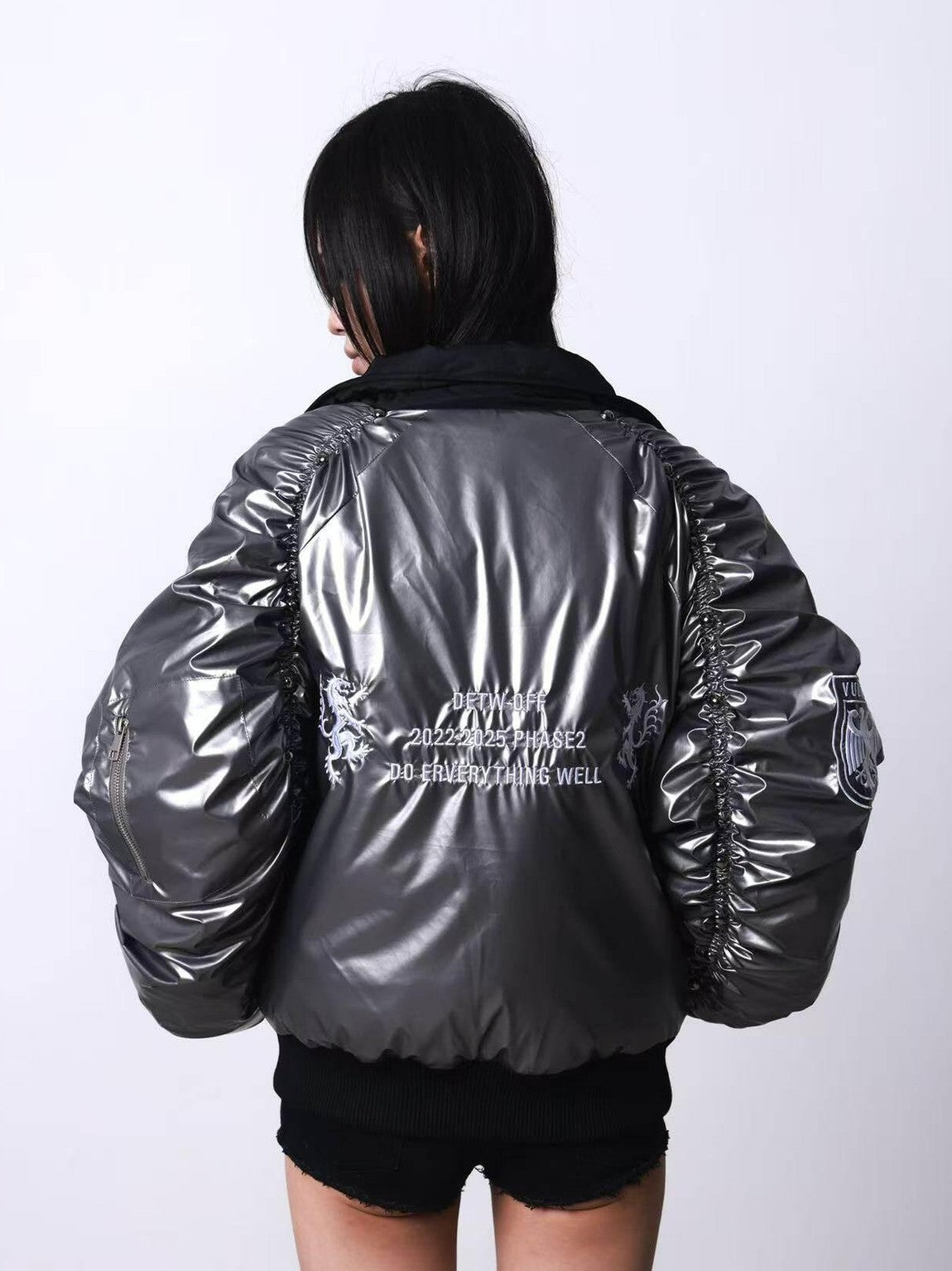 DETW onLine Metallic Pleated Rivet Embroidered Bomber Women&