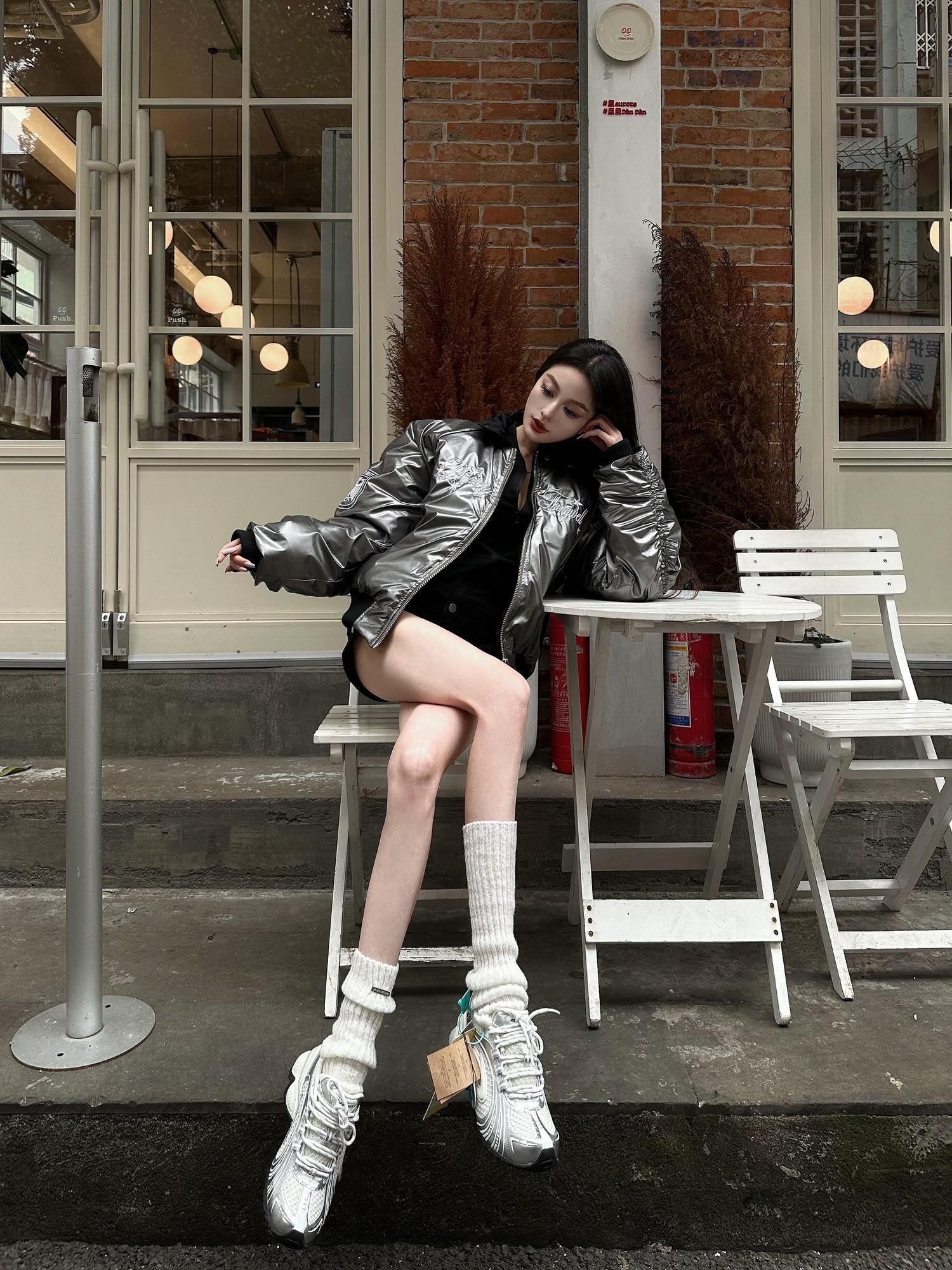 DETW onLine Metallic Pleated Rivet Embroidered Bomber Women&
