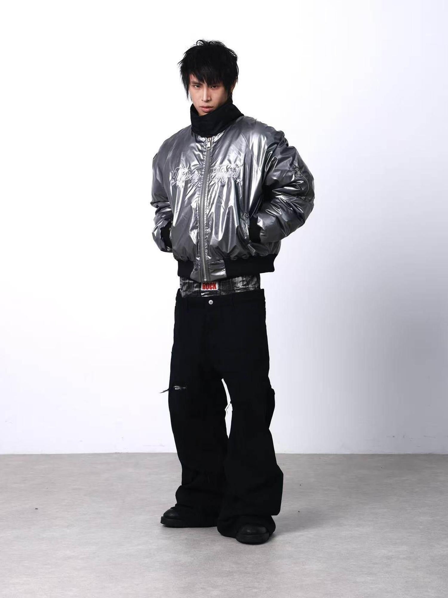 DETW onLine Metallic Pleated Rivet Embroidered Bomber Women&
