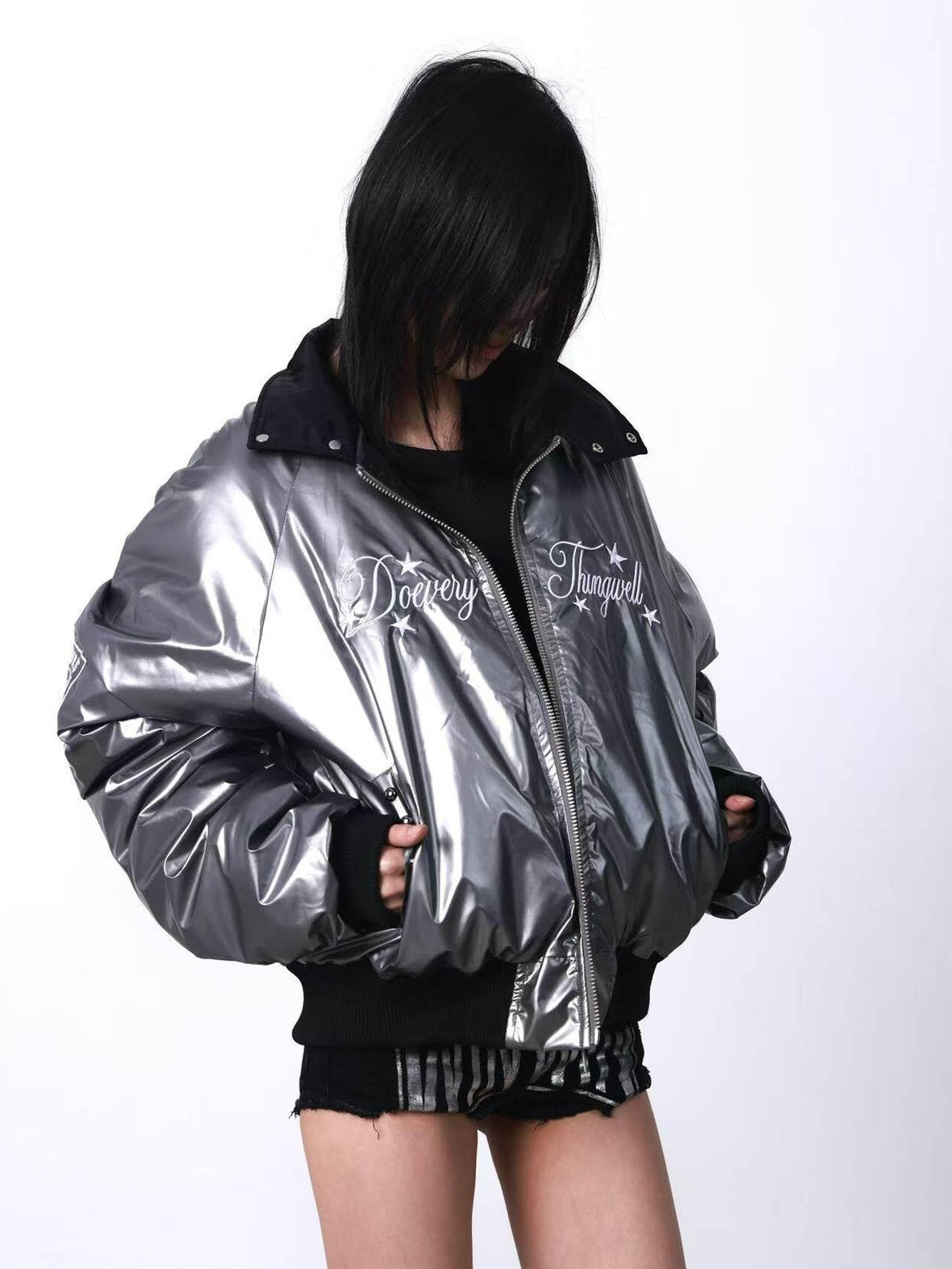 DETW onLine Metallic Pleated Rivet Embroidered Bomber Women&