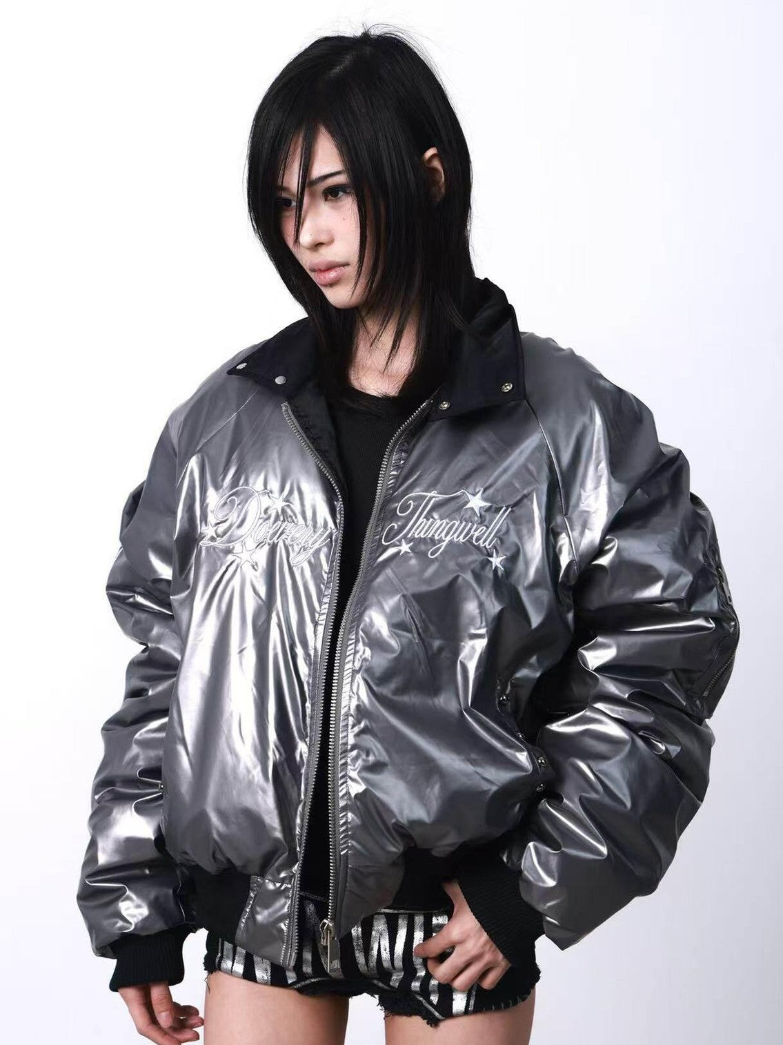 DETW onLine Metallic Pleated Rivet Embroidered Bomber Women&