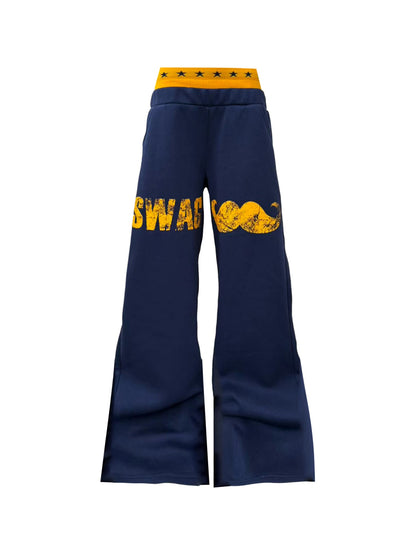 DETW onLine Navy Lettering Patchwork Double Waist Straight Women&