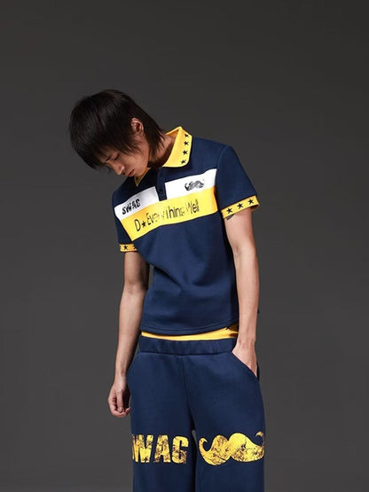 DETW onLine Navy Lettering Patchwork Double Waist Straight Women&
