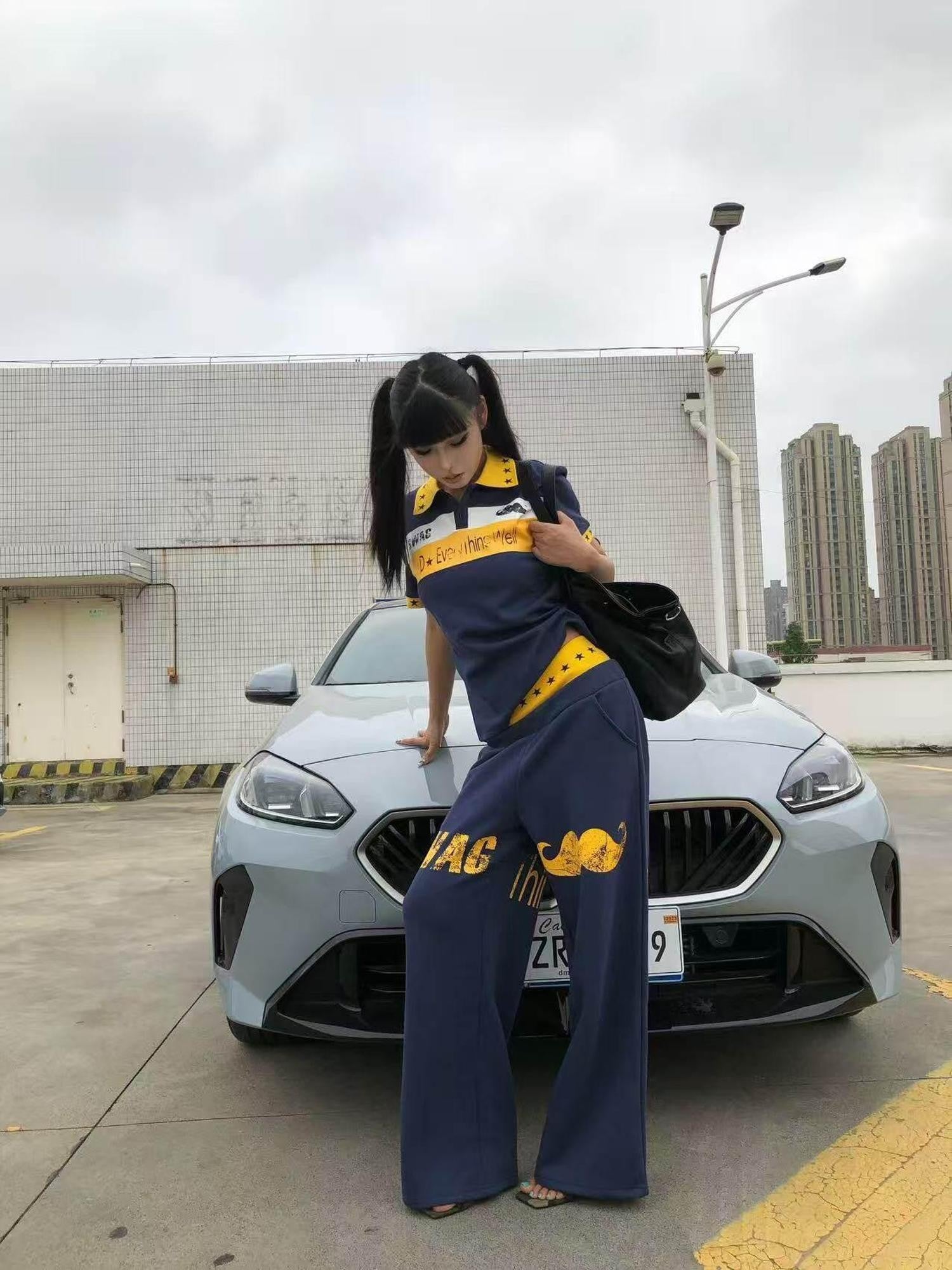 DETW onLine Navy Lettering Patchwork Double Waist Straight Women&