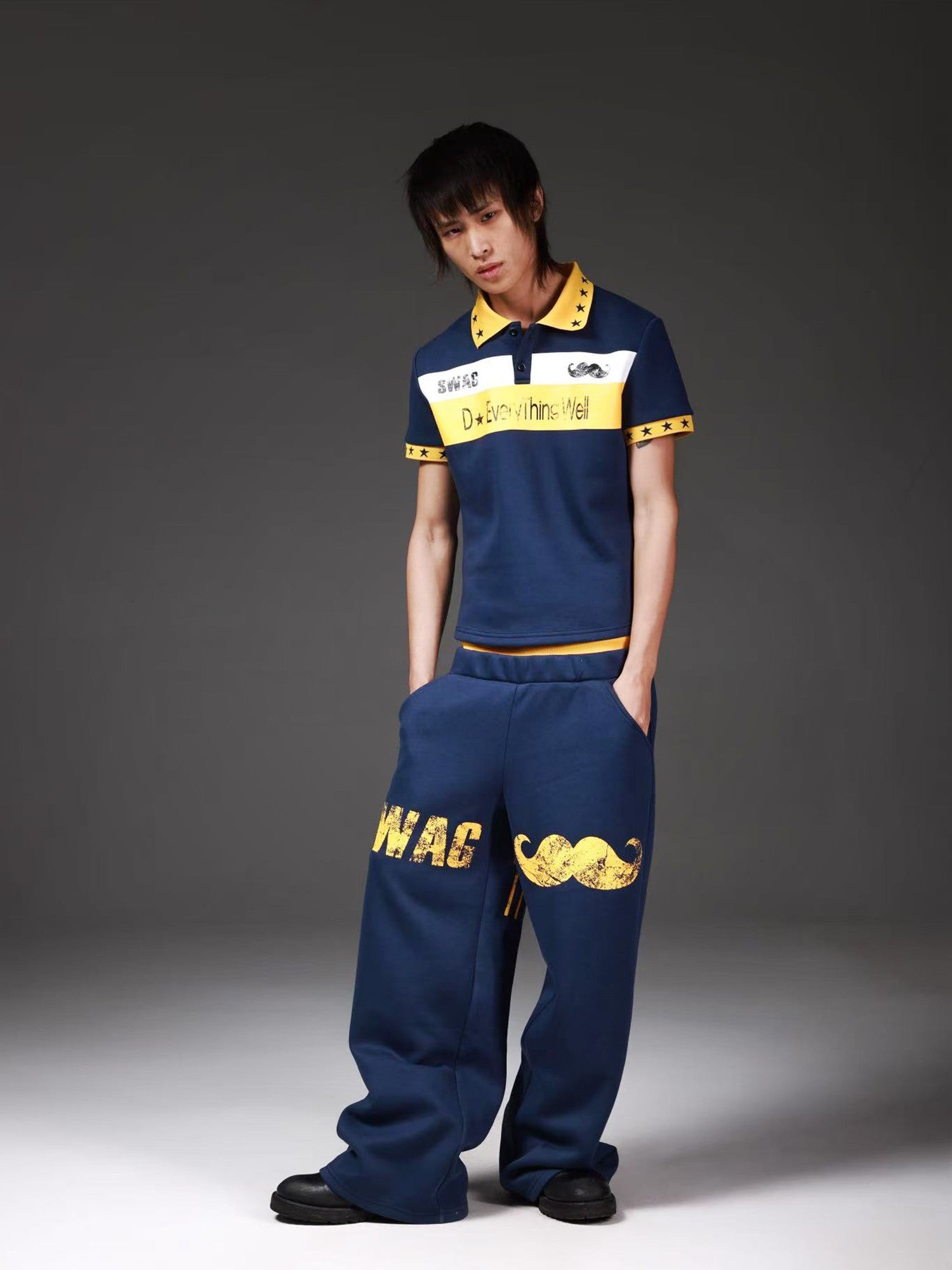 DETW onLine Navy Lettering Patchwork Double Waist Straight Women&
