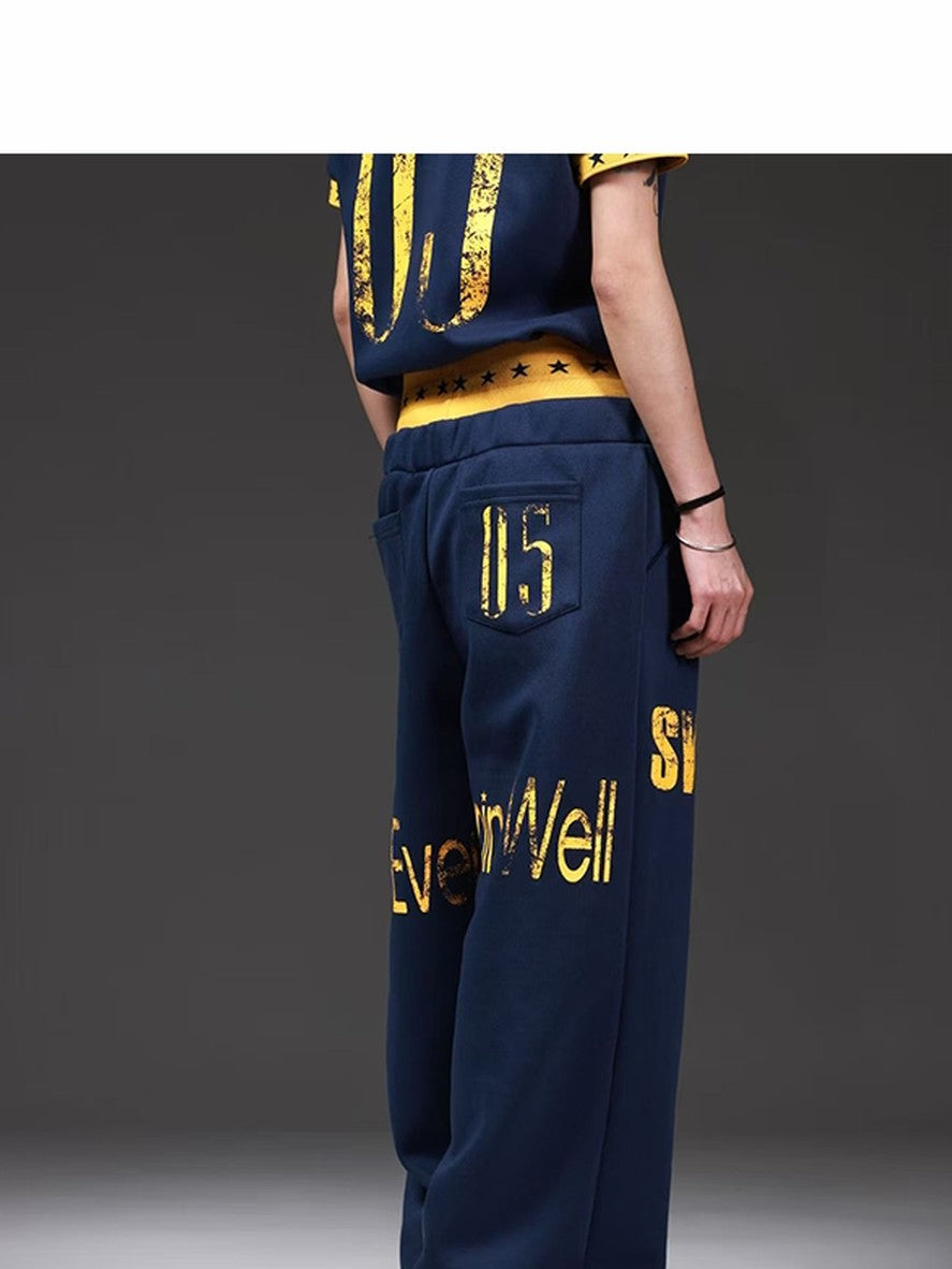 DETW onLine Navy Lettering Patchwork Double Waist Straight Women&